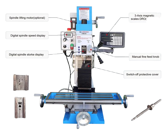 VM35L Ball Screw type Milling Machine R8 Belt Drive & Brushless Motor 3-AXIS DRO + X & Z POWERFEEDS
